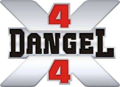 Logo Dangel 4x4 argenté et rouge, lettrage noir sur grand X métallique.